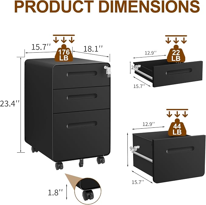 File Cabinet, Mobile Filing Cabinet with Lock, All Steel Structure Printer Stand, Fully Assembled Except Casters, Under Desk Storage for Home Office, 3 Drawers Document Organizer, Black