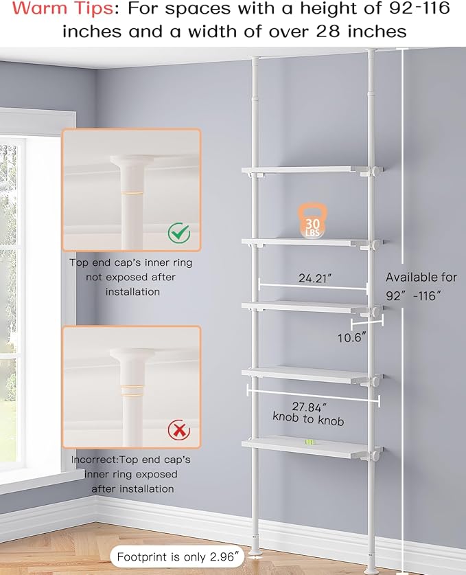 ALLZONE Adjustable Tall Narrow Bookshelf, 5-Tier Floor-to-Ceiling Tension Mount Ladder Book Shelf with Storage for Versatile Uses, Fits 92-116 Inch Ceilings, 27.84-Inch Wide Wood Shelves, White