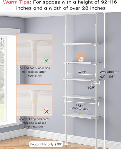 ALLZONE Adjustable Tall Narrow Bookshelf, 5-Tier Floor-to-Ceiling Tension Mount Ladder Book Shelf with Storage for Versatile Uses, Fits 92-116 Inch Ceilings, 27.84-Inch Wide Wood Shelves, White