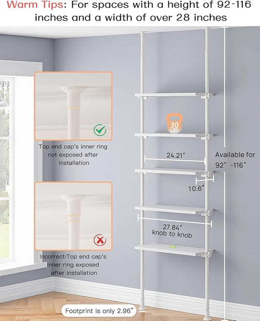ALLZONE Adjustable Tall Narrow Bookshelf, 5-Tier Floor-to-Ceiling Tension Mount Ladder Book Shelf with Storage for Versatile Uses, Fits 92-116 Inch Ceilings, 27.84-Inch Wide Wood Shelves, White