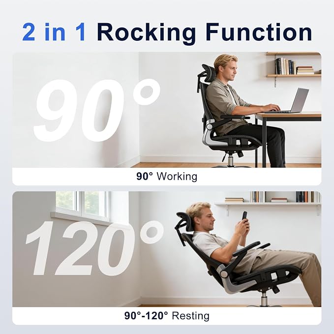 marrap Ergonomic Office Chair, Mesh Seat Cushion with 3D Armrests and 3D Headrest, Adjustable Lumbar Support with 90-120° Rocking Function for Home Office, Black