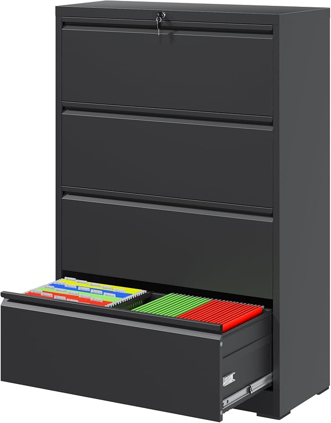 4 Drawer File Cabinet with Lock, Black Metal Lateral Filing Cabinets for Home Office, Heavy Duty Steel Horizontal Locking Storage Cabinet for Legal/Letter/A4 Size File, Assembly Required