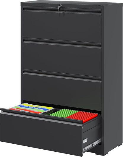 4 Drawer File Cabinet with Lock, Black Metal Lateral Filing Cabinets for Home Office, Heavy Duty Steel Horizontal Locking Storage Cabinet for Legal/Letter/A4 Size File, Assembly Required