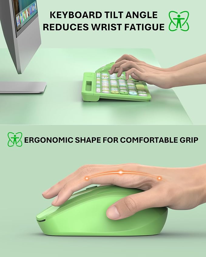 Colorful Wireless Keyboard and Mouse Combo - Round Keycaps, 2.4GHz Retro Typewriter Keyboard with Number Pad, Cute Compact USB Keyboard and Mouse for Computer PC Desktop Laptop (Green)