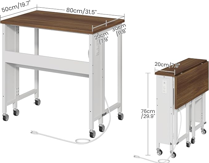 CHOEZON Folding Desk with Power Outlets, 31.5" Rolling Computer Table with Wheels, Portable Office Desk with Storage Shelf for Small Spaces Rustic Brown and White TDN01UWL