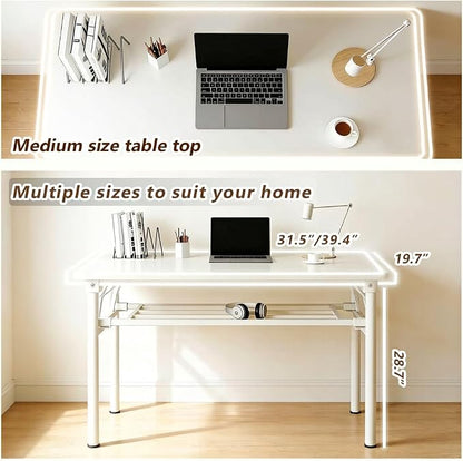 Folding Desk for Small Spaces, 39.4 Inch Foldable Computer Desk, No Assembly Required, Space Saving Portable Study Table for Compact Home Office, Bedroom, Dorm, Apartment, White