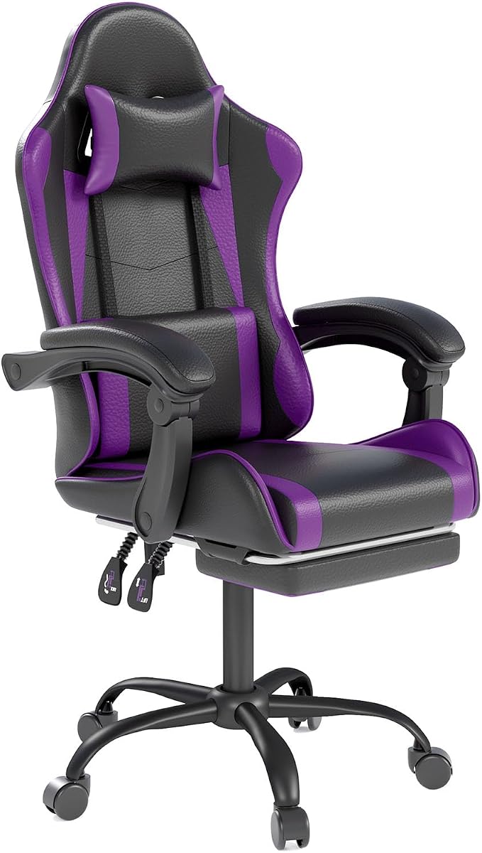 OS MOTOR Gaming Chair with Headrest and Lumbar Support, Ergonomic High Back Office Chair, Racing Style Executive Computer Desk Chair, Leather Adjustable Swivel Task Chair for Home Office (Purple)