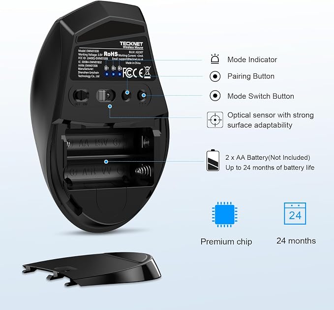 TECKNET 3-Device Bluetooth Mouse, Silent Wireless Mouse with 6-Level DPI up to 4800, 2-Year Battery, 6 Buttons for Wide Compatibility - Black