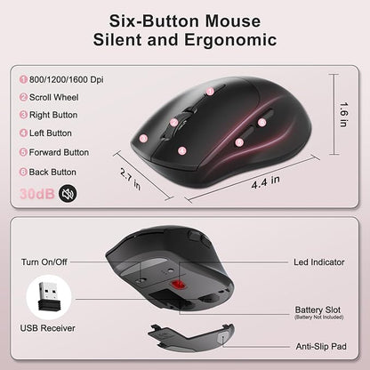 Wireless Keyboard and Mouse Combo, 2.4G Full Size Wave Keys Ergonomic Keyboard with Wrist Rest, Phone Holder, 3-Level DPI Wireless Silent Mouse with 6-Buttons, for Windows (Pink)