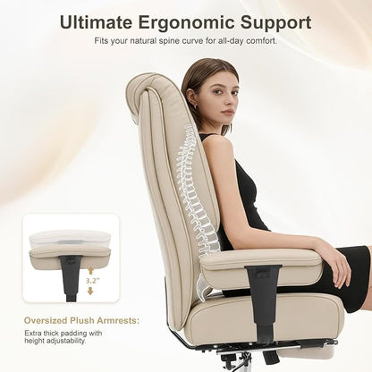 EXCEBET Big and Tall Office Chair 400lbs Wide Seat, Leather High Back Executive Office Chair with Foot Rest, Ergonomic Chairs Lumbar Support for Lower Back Pain Relief (Beige)