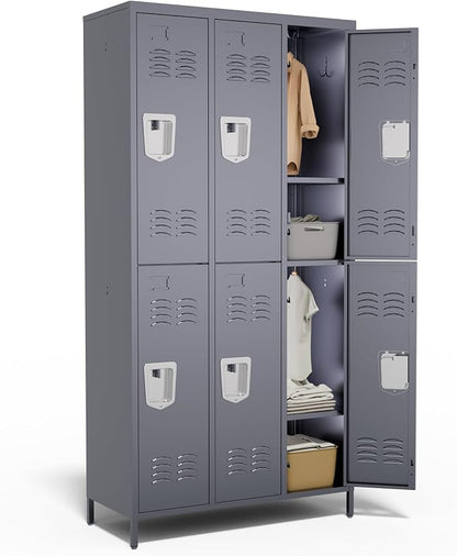 6 Door Metal Lockers for Employees,6 Heavy-Duty Hooks,72" Secure Storage for Home,Offices,Schools & Gyms | Gray