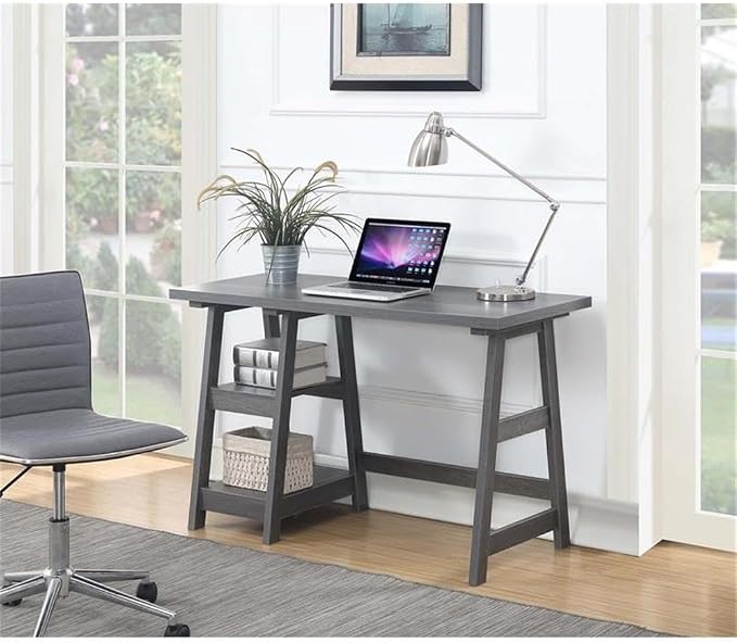 Convenience Concepts Designs2Go Trestle Desk 47" - Modern Desk or Vanity with Shelves, for Office, Dorm, Living Room, Charcoal Gray
