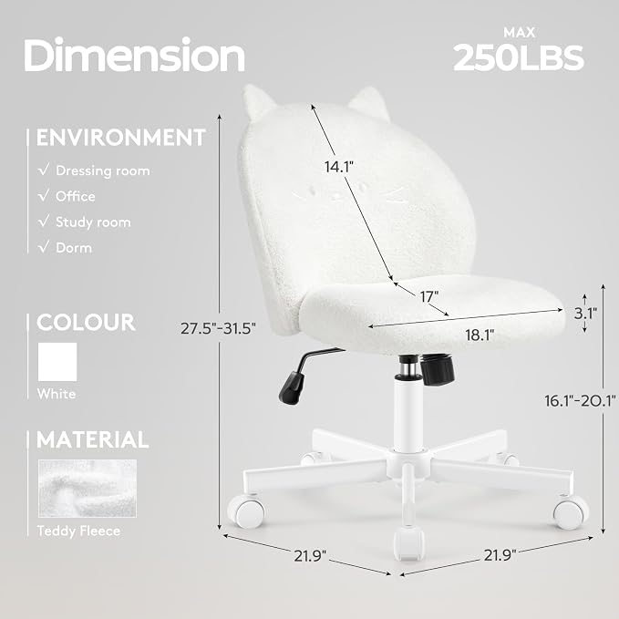 Vanity Chair with Cat Back,Armless Desk Chair Cute Small Office Chair,Teddy Fabric Computer Chair with Adjustable Height,120°Tilting,Rolling,Swivel for Vanity,Kids Room,Office,Bedroom White