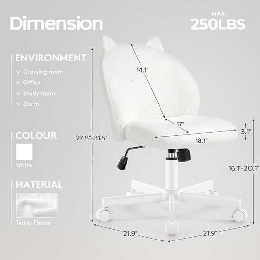 Vanity Chair with Cat Back,Armless Desk Chair Cute Small Office Chair,Teddy Fabric Computer Chair with Adjustable Height,120°Tilting,Rolling,Swivel for Vanity,Kids Room,Office,Bedroom White
