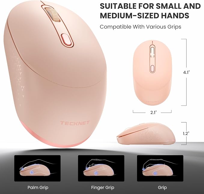 TECKNET Bluetooth Wireless Mouse, Bluetooth 5.2 & 2.4G USB Receiver, Compact & Portable, Silent Click, Ergonomic Symmetrical Design, 18-Month Battery, Adjustable DPI, Wide Compatibility - Pink
