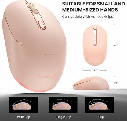 TECKNET Bluetooth Wireless Mouse, Bluetooth 5.2 & 2.4G USB Receiver, Compact & Portable, Silent Click, Ergonomic Symmetrical Design, 18-Month Battery, Adjustable DPI, Wide Compatibility - Pink