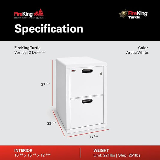 FireKing Turtle Contour - 2 Drawer Fire Safe File Cabinet with Key Lock - 1 Hour Fire Rated, UL Rated & Water Resistant Home Safe - Made in the USA Legal & Letter Filing Cabinet - Arctic White