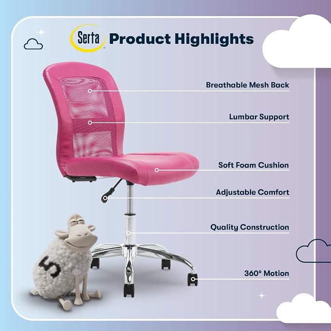 Serta Essential Armless Task Chair, Small Desk Chairs with Wheels, Breathable Mesh Back and Faux Leather, Quality Foam Cushion Seat for Comfort, Minimal Design for Vanity Table, Pink
