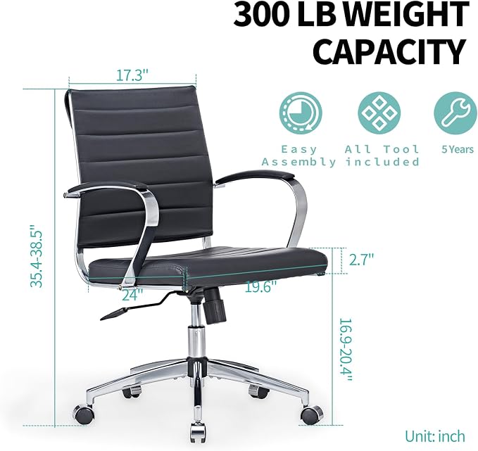 Mid-Century Modern Black Leather Office Chair with armrests, Adjustable Swivel Desk Chair for Home Office, Ergonomic Executive Chair