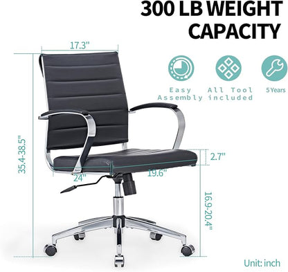 Mid-Century Modern Black Leather Office Chair with armrests, Adjustable Swivel Desk Chair for Home Office, Ergonomic Executive Chair