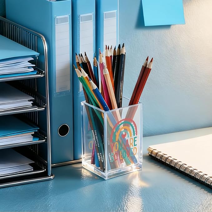 You Are So Love Acrylic Cosmetic Holder, Rainbow Heart Inspirational Quotes Desk Organizer for Home Office Library Classroom Desk, Pen Holder Gifts For Women Men Friends Daughter Son
