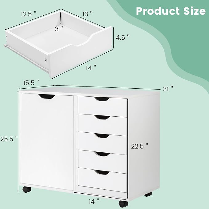 Lateral File Cabinet, 5 Drawers with Door, Adjustable Shelf, 5 Universal Wheels, Wooden Printer Stand with Storage, Modern Dresser for Bedroom Home Office, White