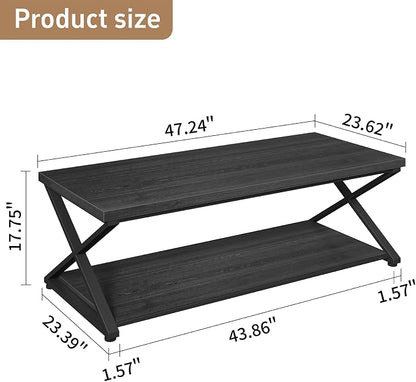 Coffee Table for Living Room, 2 Tier Rectangular Tea Table, Industrial Center Table forBedroom Home Office, Black,47 Inch