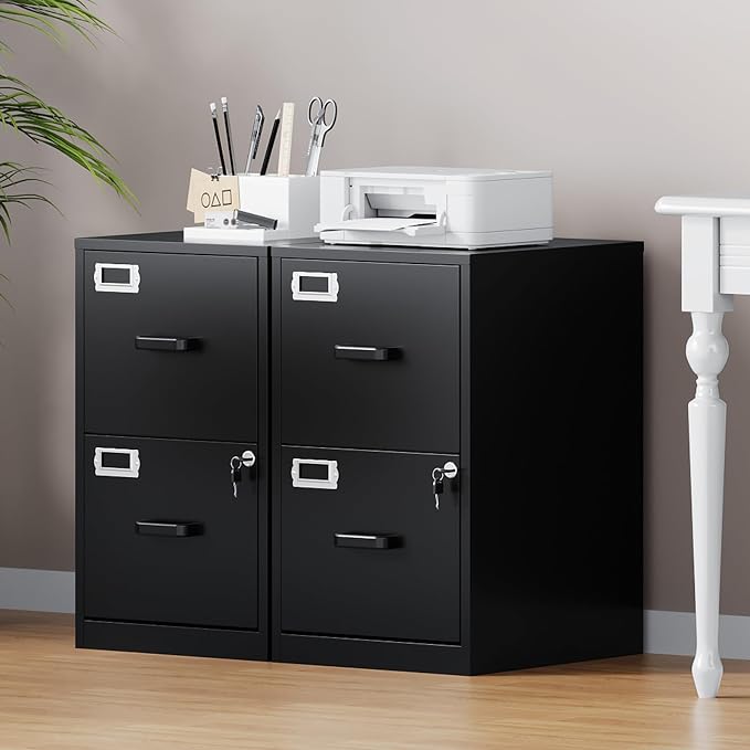 2 Drawer File Cabinet with Lock, Metal Filing Cabinets for Home Office, Vertical Small Caninet for Home Office, Black Steel Narrow Two Drawer File Cabnet for Letter/File Box- Assembly Required