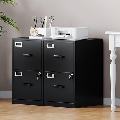 2 Drawer File Cabinet with Lock, Metal Filing Cabinets for Home Office, Vertical Small Caninet for Home Office, Black Steel Narrow Two Drawer File Cabnet for Letter/File Box- Assembly Required