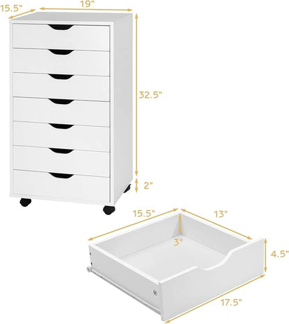 7 Drawers Filing Cabinet, Vertical File Cabinet for Home Office, Mobile Under Desk Office Storage Cabinets with Wheels (White, 7 Drawers)