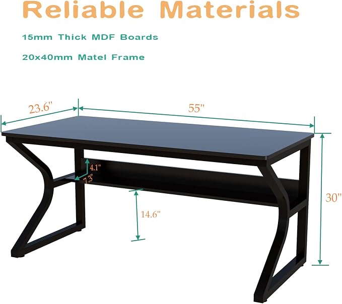 OSCHF Extra Long Desk with Bookshelf - 55" Double Long Writing Table for 2-Person Workstation, Modern Study Work Computer Desk for Home and Office, Black