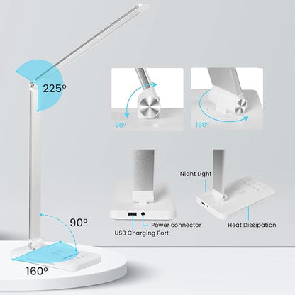 LED Desk Lamp with Night Light, Fast Wireless Charger, USB Charging Port, 10 Brightness, 5 Color Modes, Dimmable Bedside Table Lamp for Bedroom, Touch Control, Auto Timer, 1200Lux Super Bright