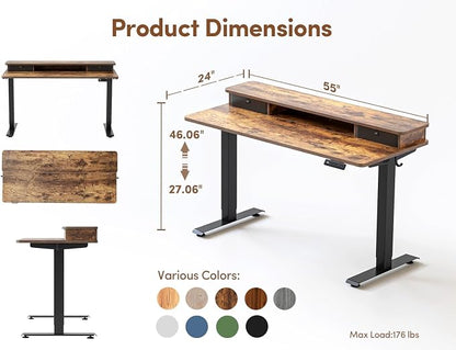 BANTI 55x24 Inch Electric Standing Desk with Dual Drawers, Height Adjustable Stand Up Table, Sit Stand Home Office Desk with Storage Shelf, Black Frame/Rustic Brown Top