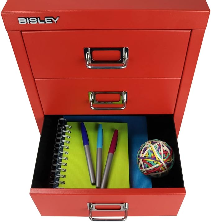 Bisley 3-Drawer Steel MultiDrawer Cabinet - Cardinal Red | Chrome Pull Handles with Label Holders, Powder-Coated Steel, Removable Drawers, Desktop Storage, Labels Included