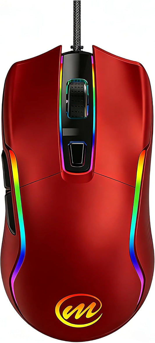 memzuoix Wired Gaming Mouse with RGB - 6 Adjustable DPI up to 12800, 6 Buttons, 12 Lighting Modes, Ergonomic Design with Anti-Slip Rubber Wheel, 5.6ft Braided Cable for PC/Mac/Windows - Red