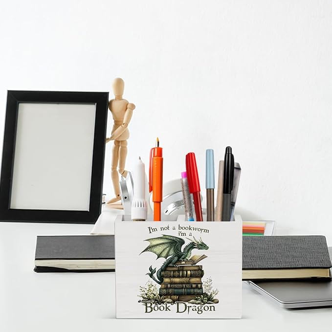 Book Gifts for Book Lovers Reader Writer Librarian Dragon book Wooden Pencil Holder desk decor for Library Office Home Christmas Birthday Holder2823