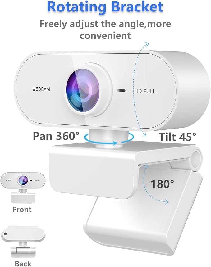 Webcam 1080P HD Web cam for PC with Microphone,Noise Cancellation,Wide-Angle Lens,Auto Light Correction,Plug & Play USB Webcams for Laptop,Desktop,PC,Mac,Zoom,Skype White