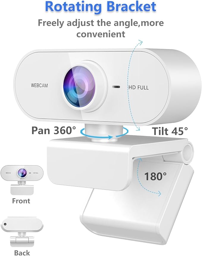 Webcam 1080P HD Web cam for PC with Microphone,Noise Cancellation,Wide-Angle Lens,Auto Light Correction,Plug & Play USB Webcams for Laptop,Desktop,PC,Mac,Zoom,Skype White
