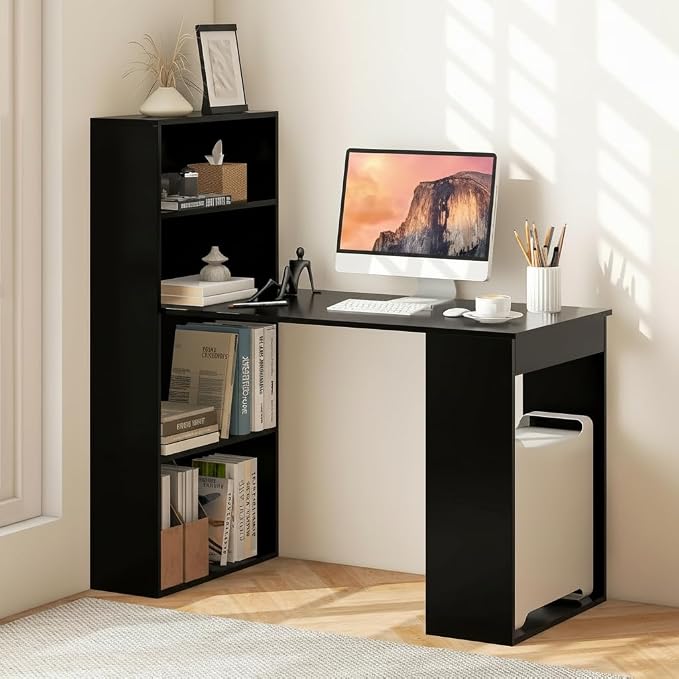 Tangkula Computer Desk with Bookshelf, Writing Study Desk with Storage Shelves & CPU Stand, Modern Compact Computer Workstation for Home & Office, Space-Saving Design (Black)
