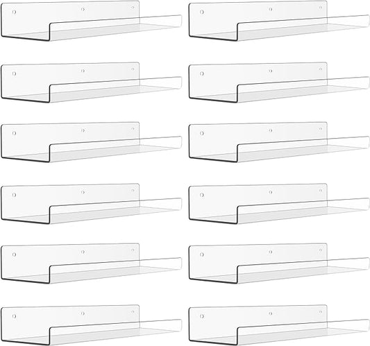 upsimples 12 Pack Acrylic Shelves Wall Organizer and Storage, 15" Display Shelf for Figure, Toy Cars, Perfume, Kids Bookshelf for Bedroom, Nursery, Craft Room, Clear