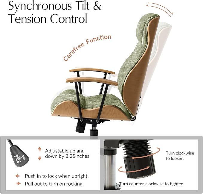 HULALA HOME Solid Wood Office Chair with Tilt Function, Mid Century Modern Bentwood Desk Chair with High Backrest, Height Adjustable Swivel Fabric Computer Task Chair, Green
