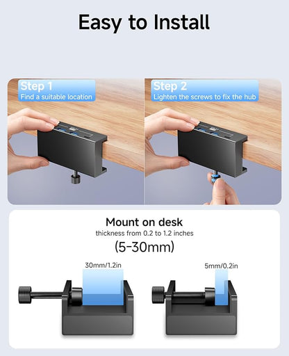 USB Hub 3.0, 5Gbps Clamp USB Hub for Desk/Monitors with Extra Power Supply Port, 3 USB-A Data Ports, USB-C Data Port for iMac Pro/iMac (Black)