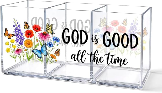 God Is Good All The Time 3 Compartment Acrylic Organizer Box with Wildflower & Butterfly, Desktop Storage for Pens, Makeup, Office Supplies, Cute Floral Desk Organizer for Home & Office Vanity