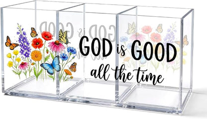 God Is Good All The Time 3 Compartment Acrylic Organizer Box with Wildflower & Butterfly, Desktop Storage for Pens, Makeup, Office Supplies, Cute Floral Desk Organizer for Home & Office Vanity