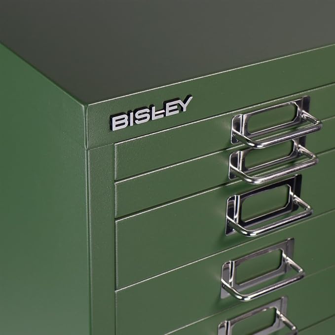Bisley 8-Drawer Steel MultiDrawer Cabinet - Olive Green | Chrome Pull Handles with Label Holders, Powder-Coated Steel, Removable Drawers, Fits Under Most Desks, Labels Included
