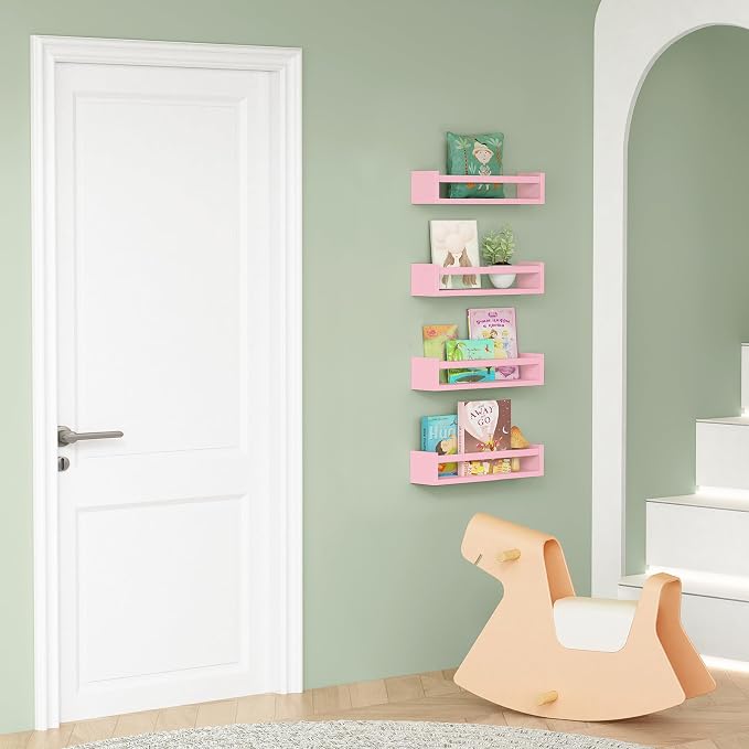 Forbena Pink Nursery Floating Shelves for Wall, Small Kids Wall Bookshelf for Baby Toddler Girls Room, Wood Nursery Hanging Book Shelves for Childrens Bedroom Toys Storage Organizer (Set of 4, Pink)