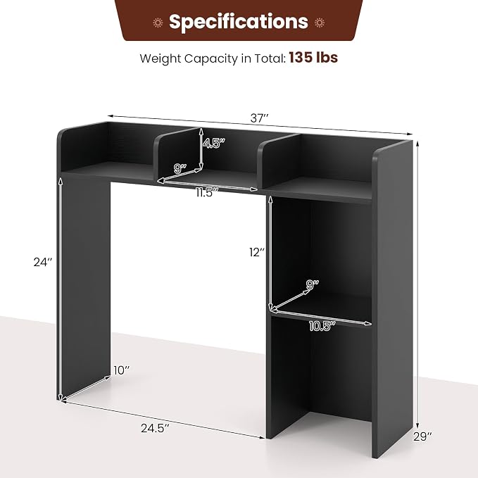 GOFLAME 5 Shelves Desktop Bookshelf, Wood Desk Hutch Dorm for Computer Desk, Countertop Display Rack, 3-Tier Desk Storage Organizer Shelf for Dormitory, Home Office, Study, Black