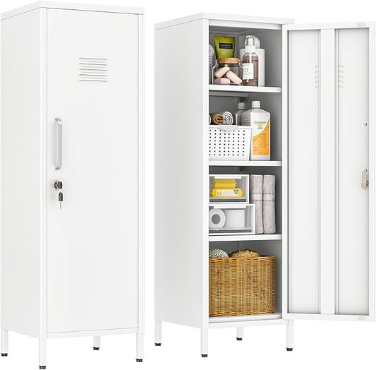 erosoei 47.24" H Metal Locker Storage Cabinet, Office Locker with 3 Adjustable Shelves, Steel Cabinet with 1 Door, High Legs Organizer for Home Office, Kitchen, Living Room, Bedroom and Bathroom