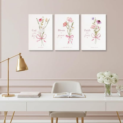 Baby Girl Nursery Wall Art Set of 3 Pink Bow Floral Canvas Prints, Christian Bible Verse Nursery Decor, Cute Flower Posters Pictures with Scripture for Girls Room Bedroom Framed 16x24 Inch
