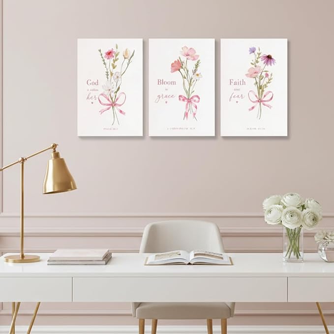 Baby Girl Nursery Wall Art Set of 3 Pink Bow Floral Canvas Prints, Christian Bible Verse Nursery Decor, Cute Flower Posters Pictures with Scripture for Girls Room Bedroom Framed 12x16 Inch